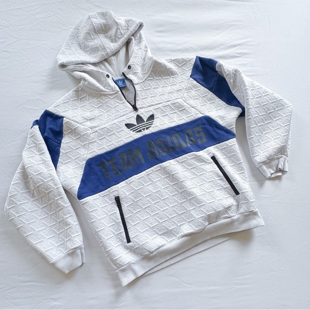 Vintage Adidas AR Hoodie Mens Small White Blue Pullover Trefoil Team size S